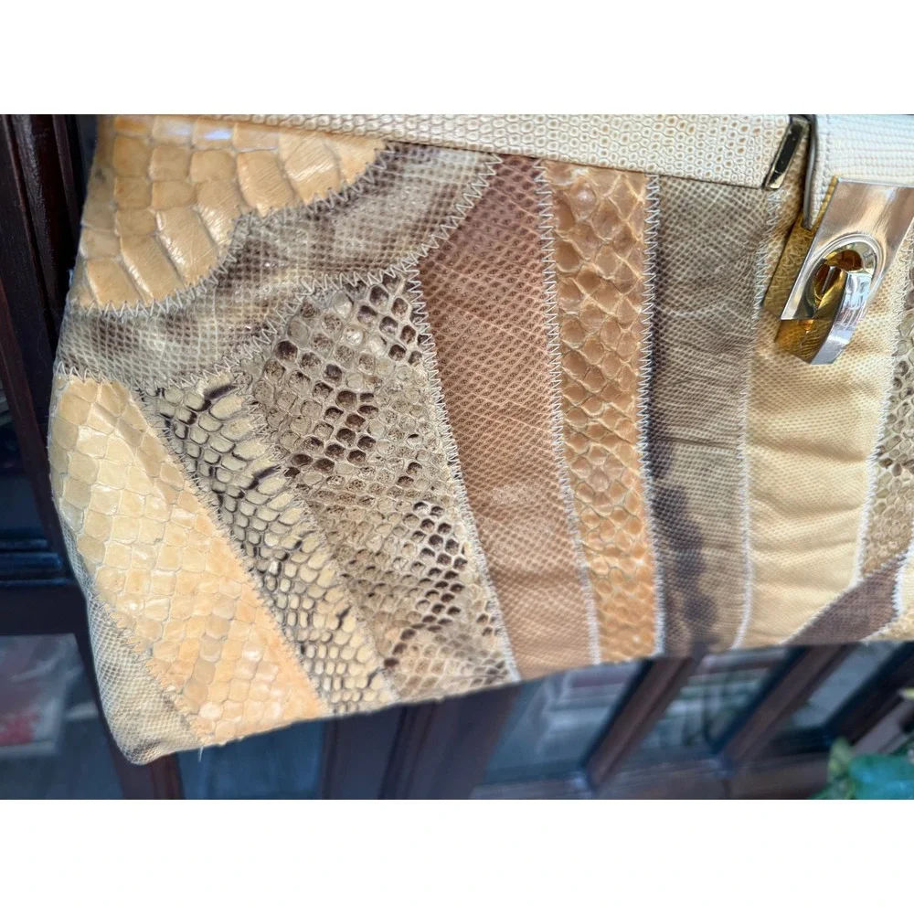 Vintage Snakeskin Patchwork‎ Handbag Gold Frame Exotic Skin Shoulder Bag Tan